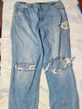 Express Light Blue Distressed Boyfriend Jeans with Floral Accent